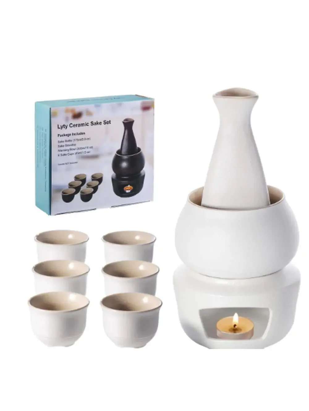 New 7-Piece Porcelain Sake Set with Warmer Traditional Hot Sake Carafe & 6 Cups